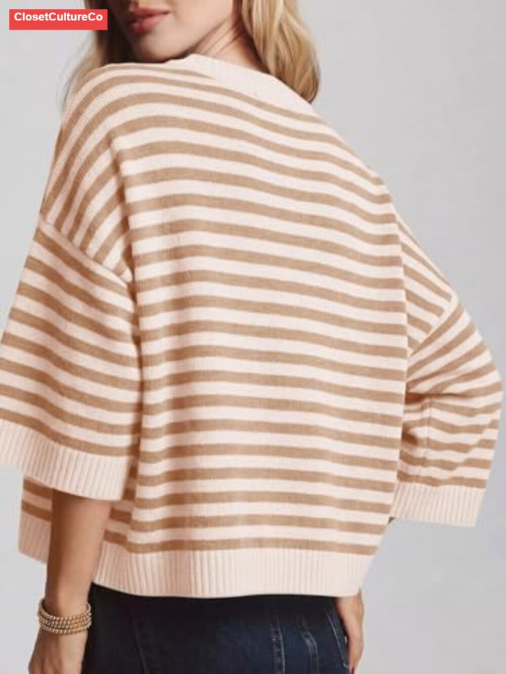 Striped Oversized Short Sleeve Sweater Crewneck Knit Pullover Top - Picture 3 of 4